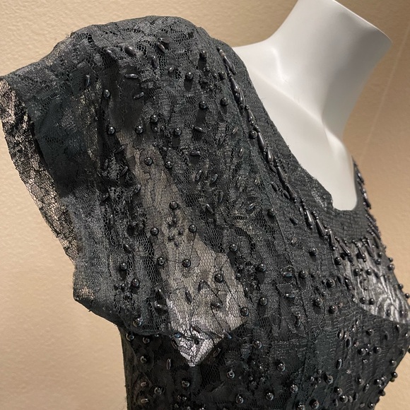 VTG  Y2K JASMINE BY KVM  Black Lace sheer Gothic Maxi Dress Beaded Trim Flapper - Picture 11 of 17